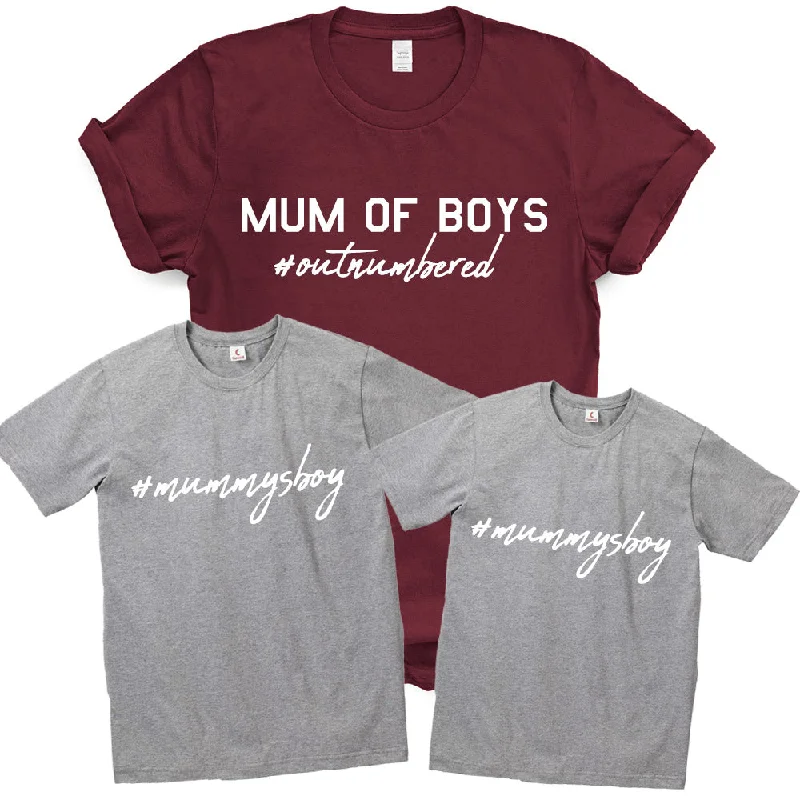 Mum Of Boys #Outnumbered Matching T-Shirts Maroon/Grey Tough Men's Military