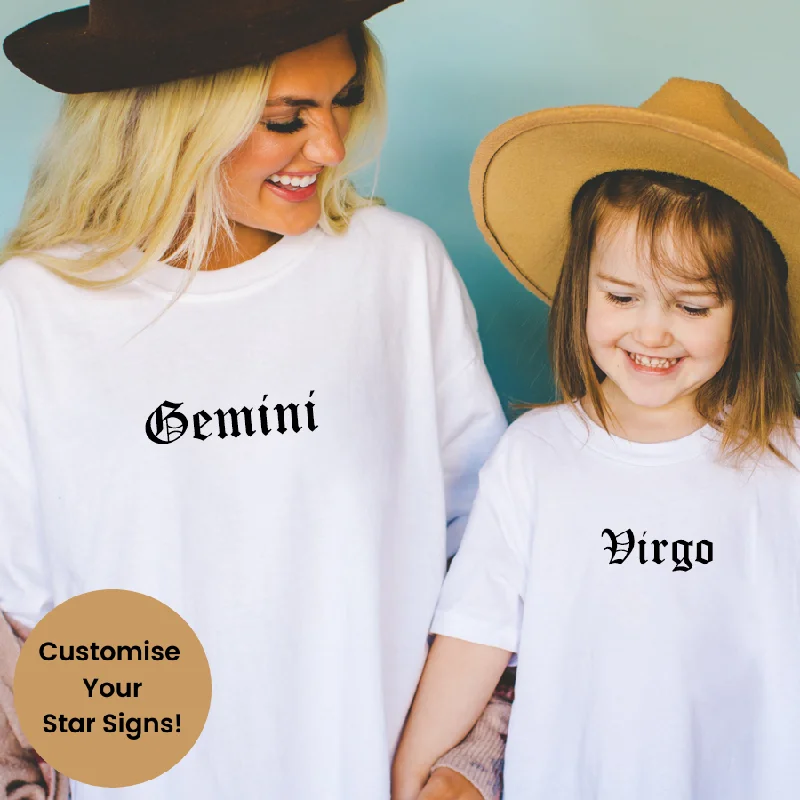 Star Signs Personalised Adult & Kid Matching White T-Shirts Cool Men's Distressed