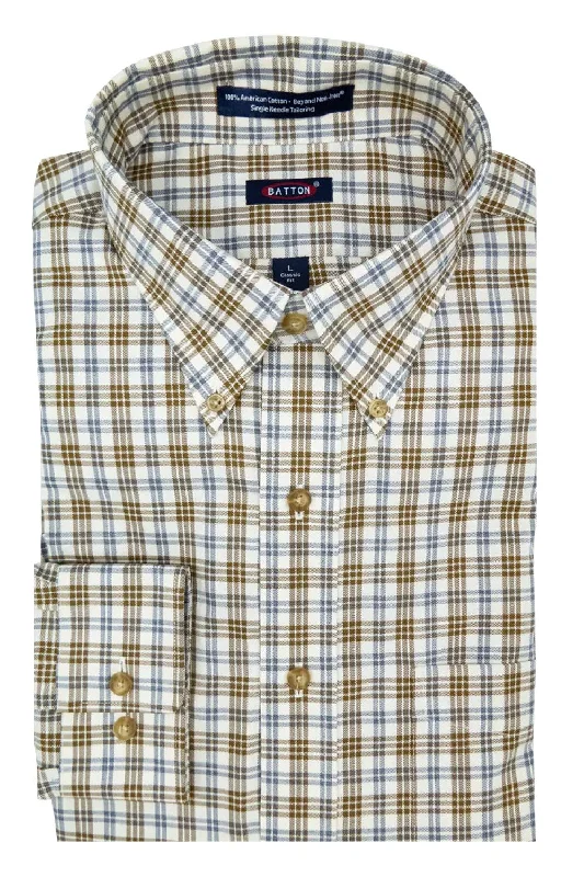 'Jeremiah' Coffee and Stone Grey Plaid Long Sleeve Beyond Non-Iron® Cotton Sport Shirt by Batton Laid