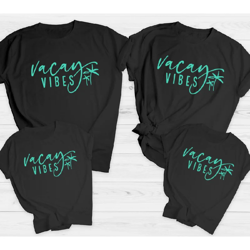 Vacay Vibes Matching Summer T-Shirts Black/Teal Laid