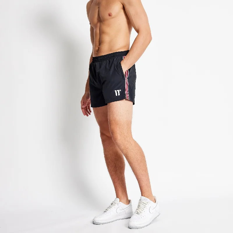 Stripe Taped Swim Shorts - Black Relaxed Men's Beach