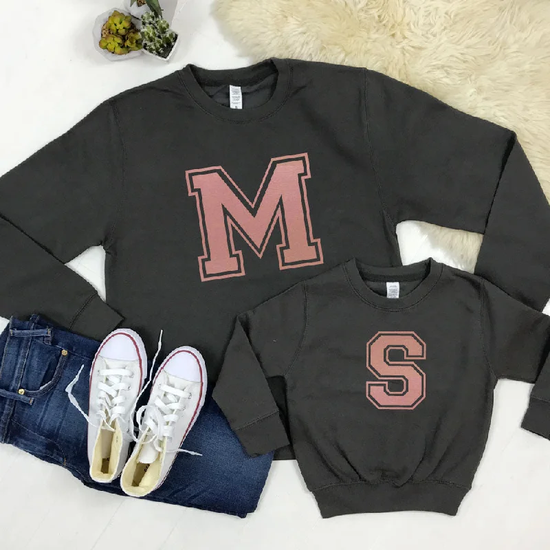 Classic Varsity Initial Family Matching Crew Sweaters - Storm/Rose Gold (MRK X) Traditional Men's Country