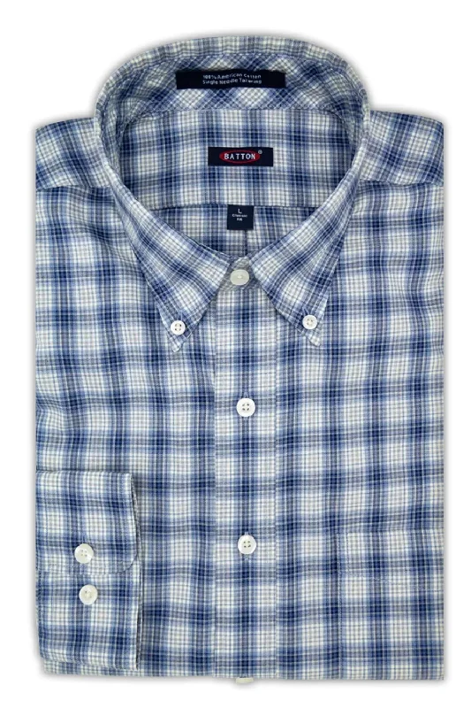 'Lincoln' Blue and Khaki Plaid Long Sleeve Beyond Non-Iron® Cotton Sport Shirt by Batton Gym