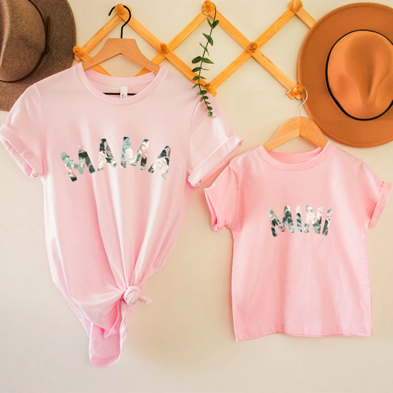 Mama & Mini Floral Matching Light Pink T-Shirts Casual Men's Japanese 