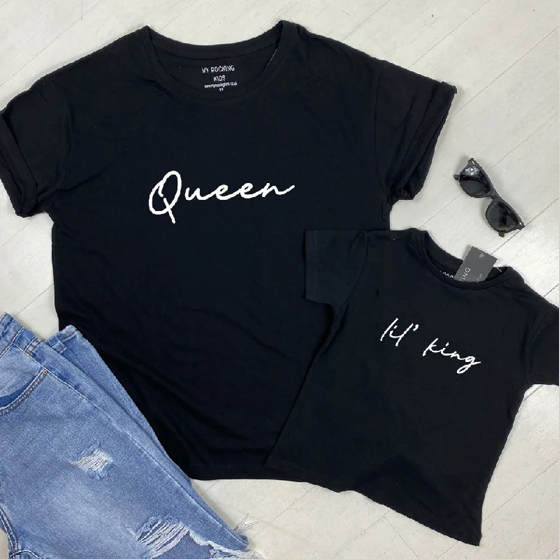 Queen & Lil' King Mum & Kid Matching Black T-Shirts Unique Men's Patch