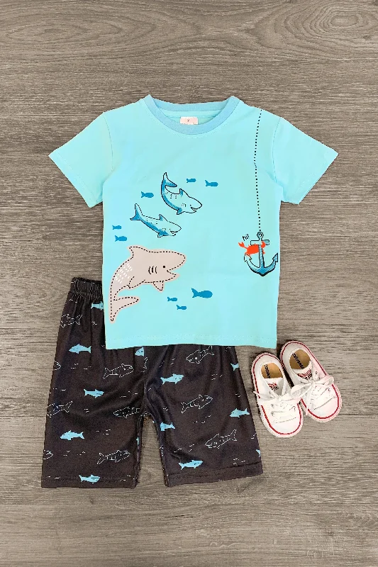 Sharks & Crab Blue Short Set Casual Men's Loose