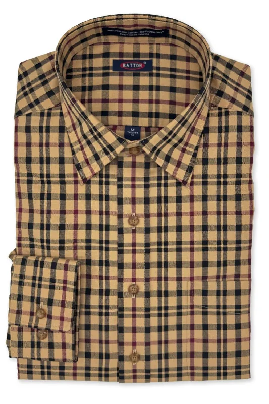 'Nova' Caramel, Ruby, and Ebony Plaid Long Sleeve Beyond Non-Iron® Cotton Sport Shirt by Batton Sporty Men's Athleisure 